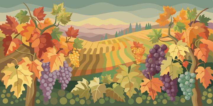 Ilustraci&oacute;n de un vi&ntilde;edo en oto&ntilde;o, con hojas de colores oto&ntilde;ales y racimos de uvas maduras rodeando colinas y campos.