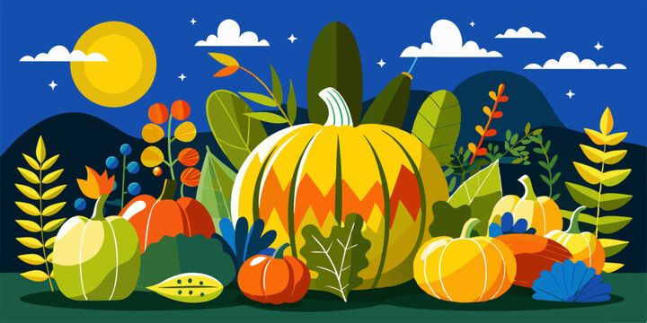 Ilustraci&oacute;n de calabazas en un campo, con vegetaci&oacute;n colorida y colinas en el fondo, todo bajo un cielo nocturno iluminado por la luna.
