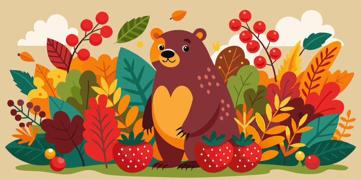 Ilustraci&oacute;n de un oso marr&oacute;n rodeado de hojas oto&ntilde;ales y bayas rojas, creando una escena encantadora y c&aacute;lida.