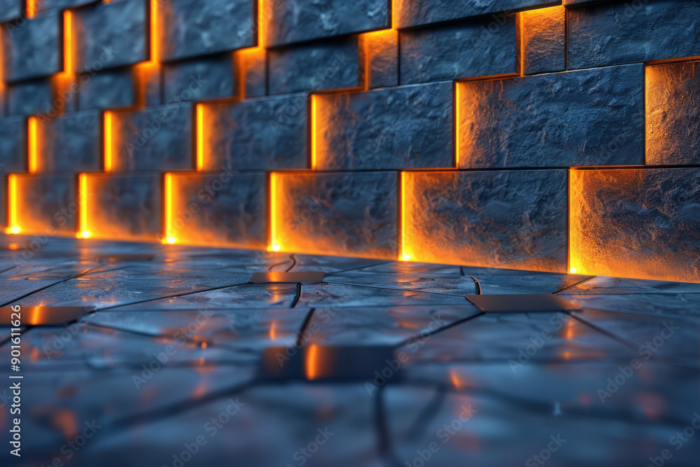 Poster sleek design featuring a 3d tile wall with illuminated edges, creating an atmospheric backdrop for a