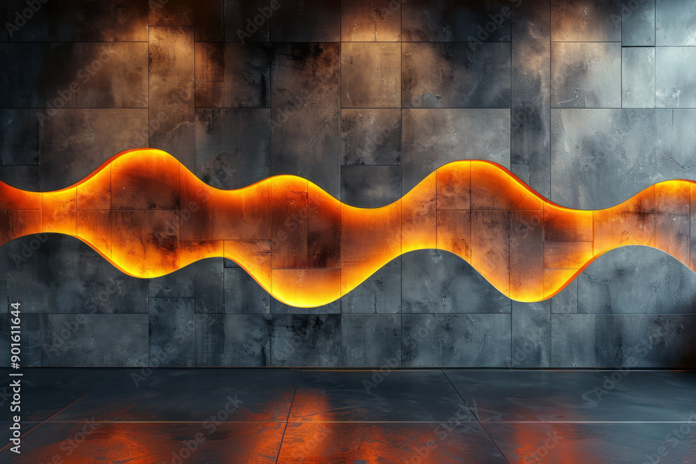 Poster sleek design featuring a 3d tile wall with illuminated edges, creating an atmospheric backdrop for a