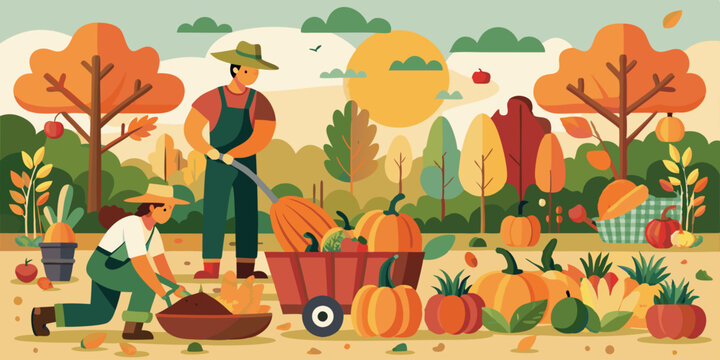 Dos agricultores trabajando en la cosecha de calabazas en un campo oto&ntilde;al, rodeados de &aacute;rboles coloridos y usando carretillas para transportar las calabazas.
