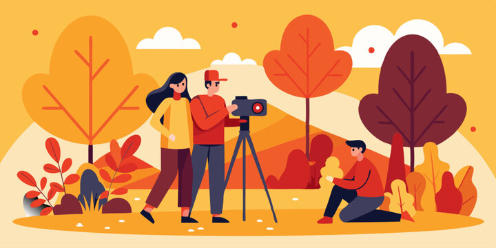 Dos personas usando una c&aacute;mara y tr&iacute;pode en un parque oto&ntilde;al, capturando fotograf&iacute;as de la naturaleza mientras otra persona observa. El paisaje tiene &aacute;rboles coloridos y cielos despejados.