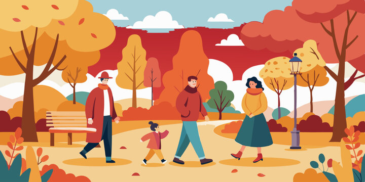 Familia caminando por un parque oto&ntilde;al, rodeada de &aacute;rboles con hojas de colores c&aacute;lidos. Hay una mezcla de adultos y ni&ntilde;os disfrutando de un paseo tranquilo.