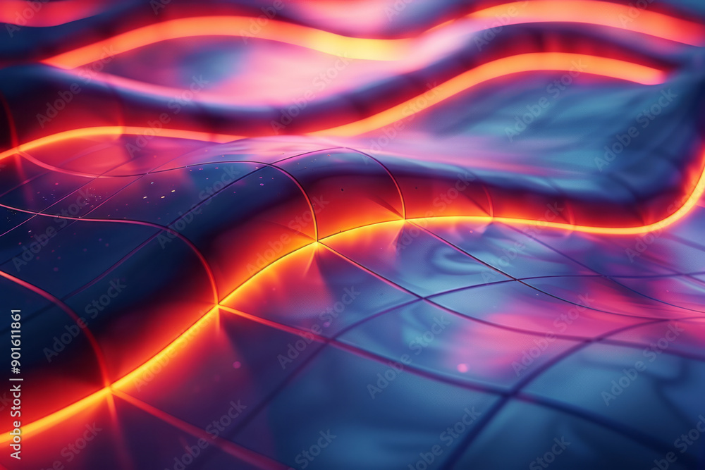 Poster clean image of a dynamic landscape composed of glowing 3d tiles that appear to pulse with light,