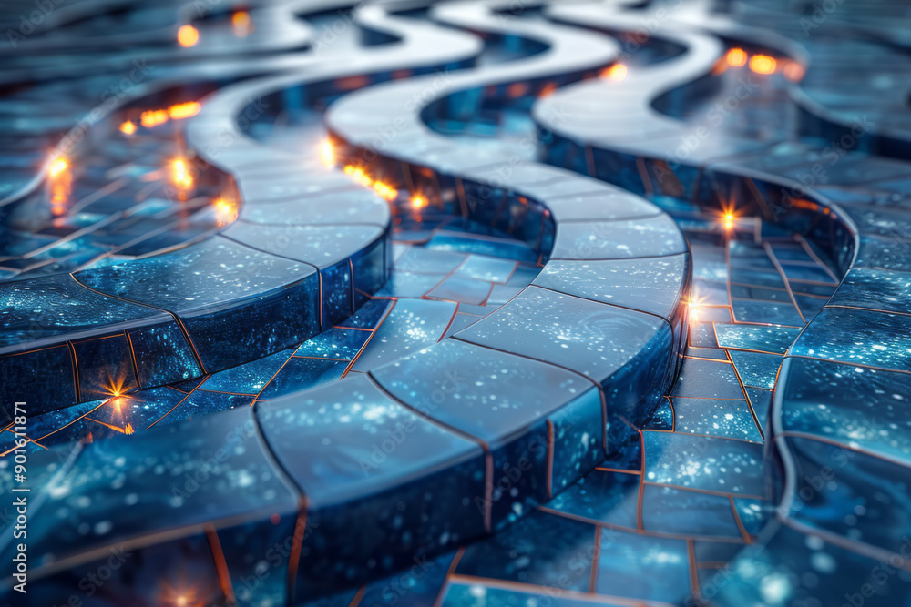 Poster clean image of a dynamic landscape composed of glowing 3d tiles that appear to pulse with light,