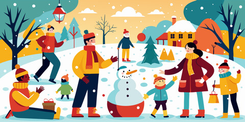 Naklejka premium Familia y amigos disfrutando de una mañana de invierno construyendo un muñeco de nieve en un parque cubierto de nieve, con árboles y casas en el fondo. La escena transmite alegría y diversión.