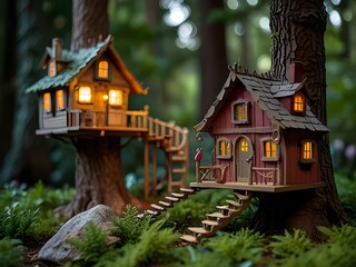 Miniature treehouse village in a cozy and enchanted summer ambience