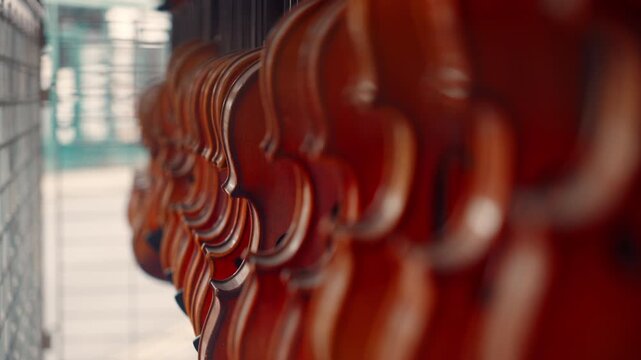 Rack focus on many hanging violins in the shop window. Violin sales, large range of musical instruments.