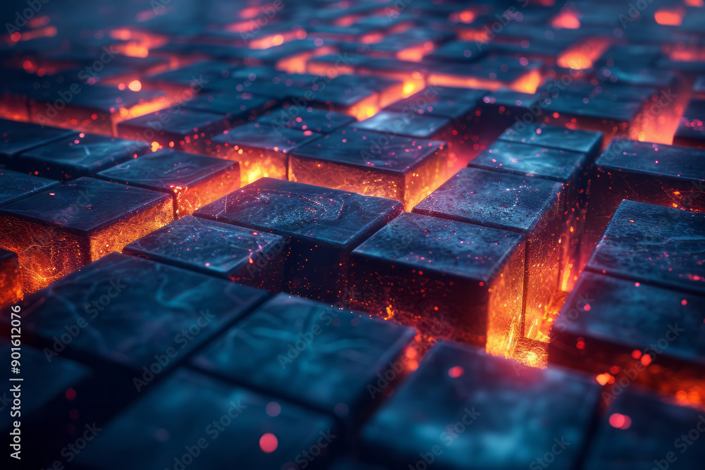 Poster clean depiction of a maze-like environment filled with glowing 3d tiles, inviting exploration,