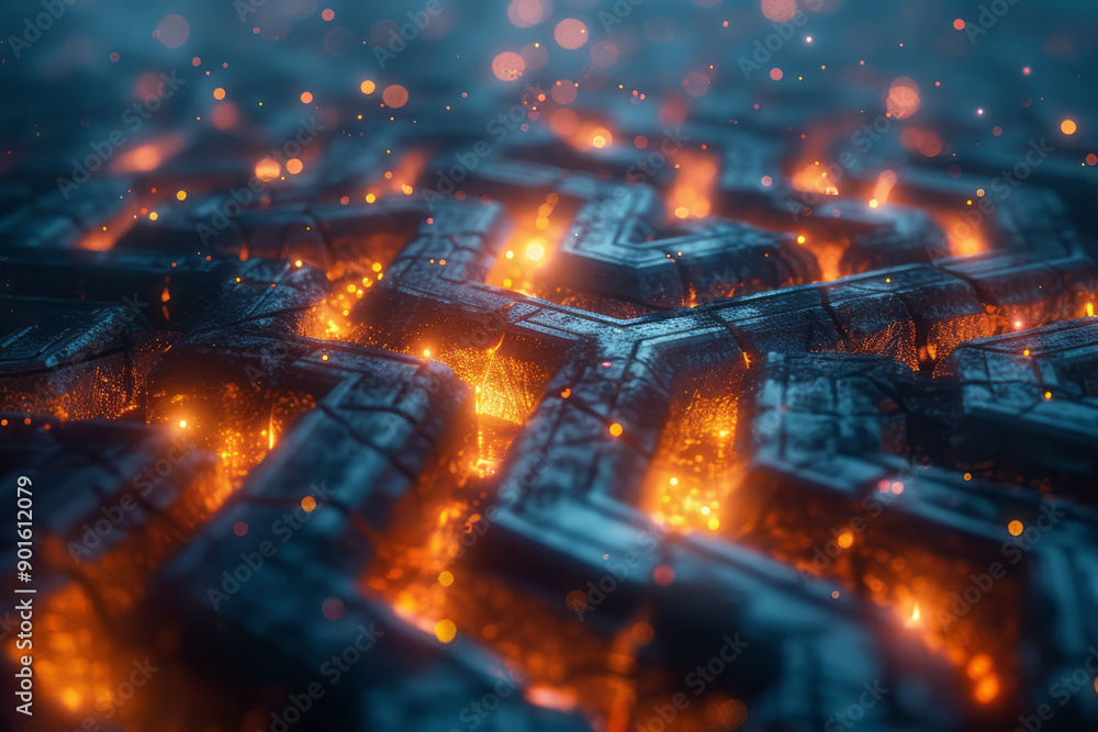Poster clean depiction of a maze-like environment filled with glowing 3d tiles, inviting exploration,