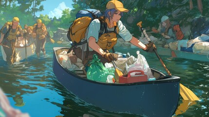 Obraz premium A river clean-up event with volunteers collecting trash in canoes