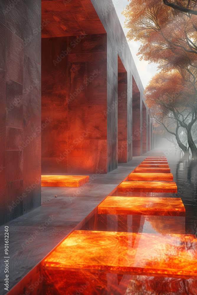 Poster minimalist aesthetic of an abstract space with floating glowing tiles, creating a sense of depth and