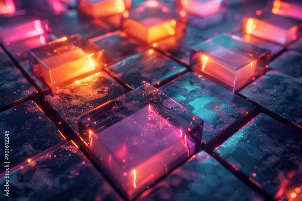 Poster sleek design showcasing a colorful arrangement of 3d tiles with glowing outlines in a futuristic set