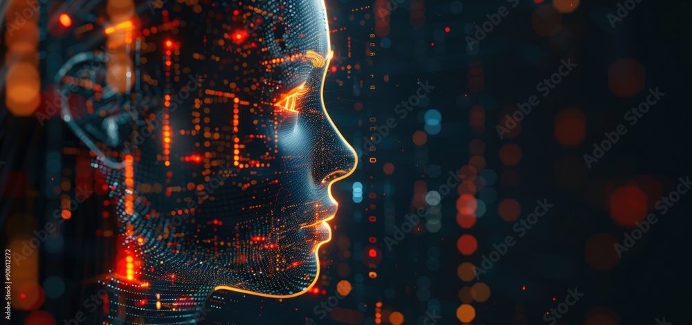 Poster digital face of a woman composed of glowing circuits and nodes set against a dark background. concep