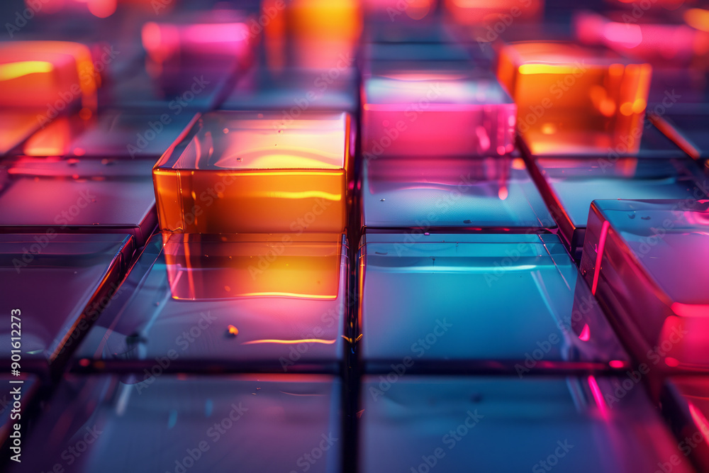 Poster sleek design showcasing a colorful arrangement of 3d tiles with glowing outlines in a futuristic set