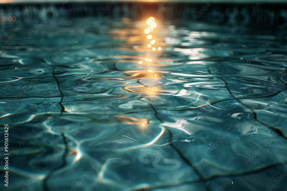 Poster clean image of a water surface reflecting glowing 3d tiles above, creating a harmonious visual balan