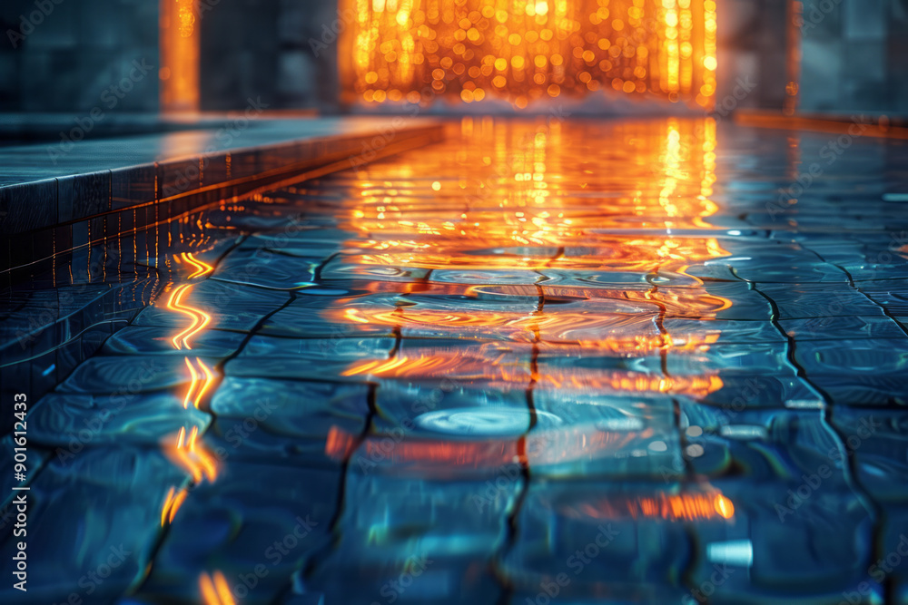 Poster clean image of a water surface reflecting glowing 3d tiles above, creating a harmonious visual balan