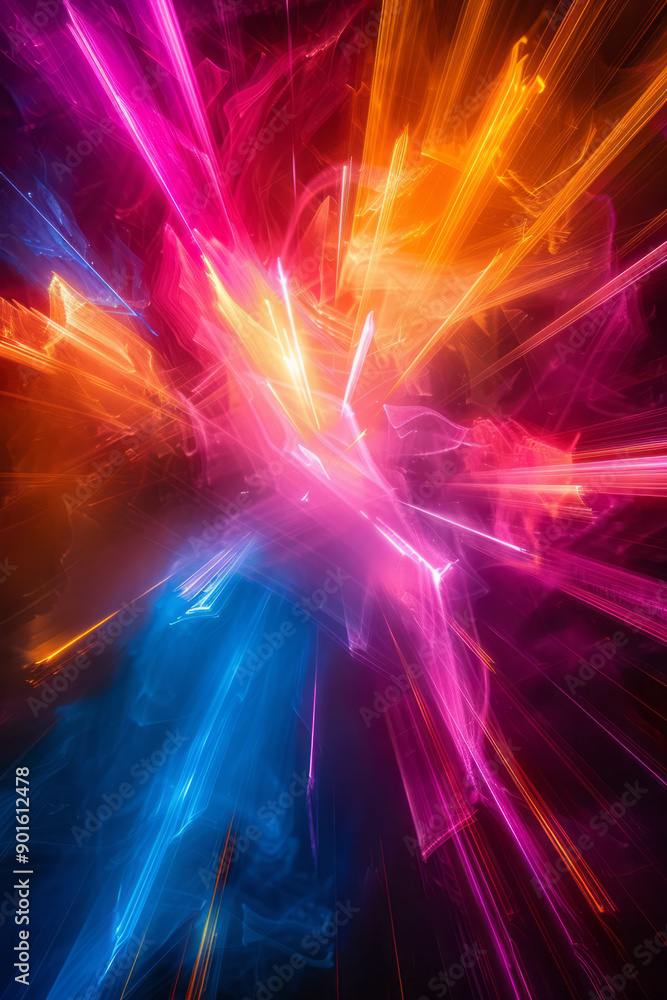 Poster minimalist aesthetic of overlapping light trails in various colors, converging to form a mesmerizing