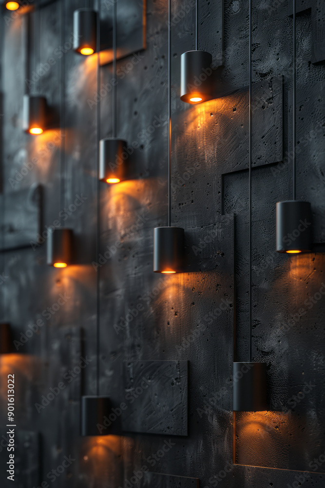 Poster minimalist aesthetic of a vertical wall of 3d tiles with dynamic glowing elements, creating a striki