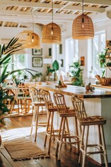 Bright, Airy Kitchen with Wicker Pendant Lights and Bar Stools, Island Countertop, Tropical Plants