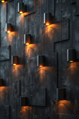 Fototapeta premium Minimalist aesthetic of a vertical wall of 3D tiles with dynamic glowing elements, creating a striking visual effect,