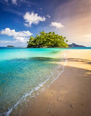 Obraz premium Sandy and coconut tree on topical beach with blue sky