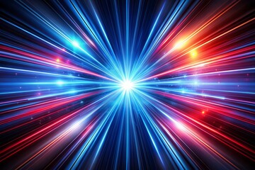 Dynamic futuristic motion blur effect with vibrant blue and red light streaks radiating from a central point on a mesmerizing abstract dark background.