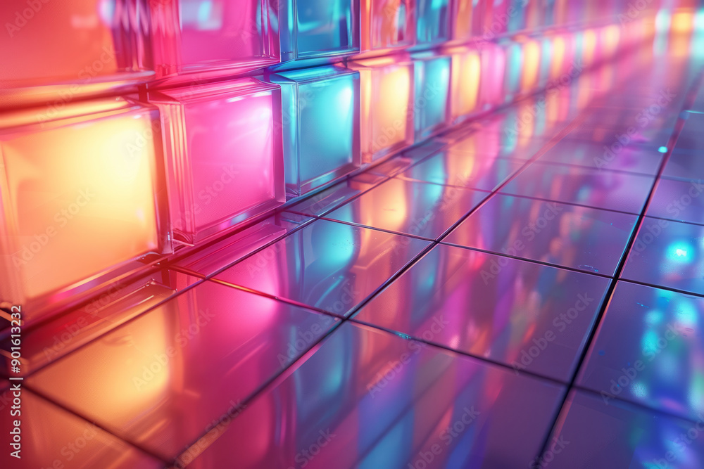 Poster clean image of a 3d tiled surface with pulsating lights that change color in a rhythmic pattern,