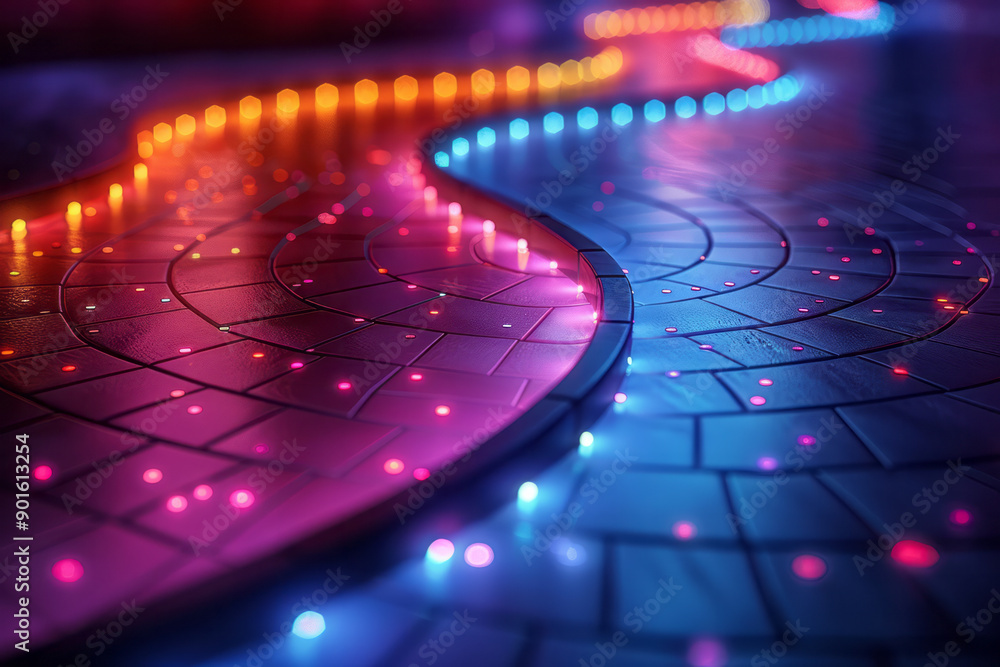 Poster Clean image of a 3D tiled surface with pulsating lights that change color in a rhythmic pattern,