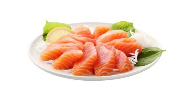 Fresh raw sashimi on white isolated on clear png background and transparent background. Vegetable and food concept for health, AI generative.