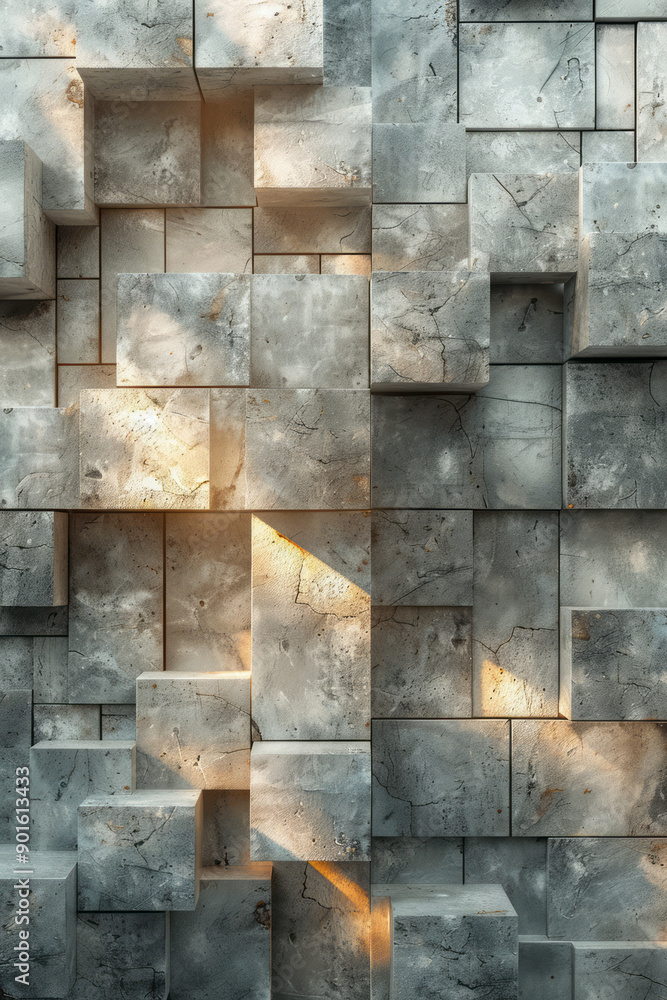 Poster elegant representation of an abstract installation made of floating 3d tiles with radiant surfaces,