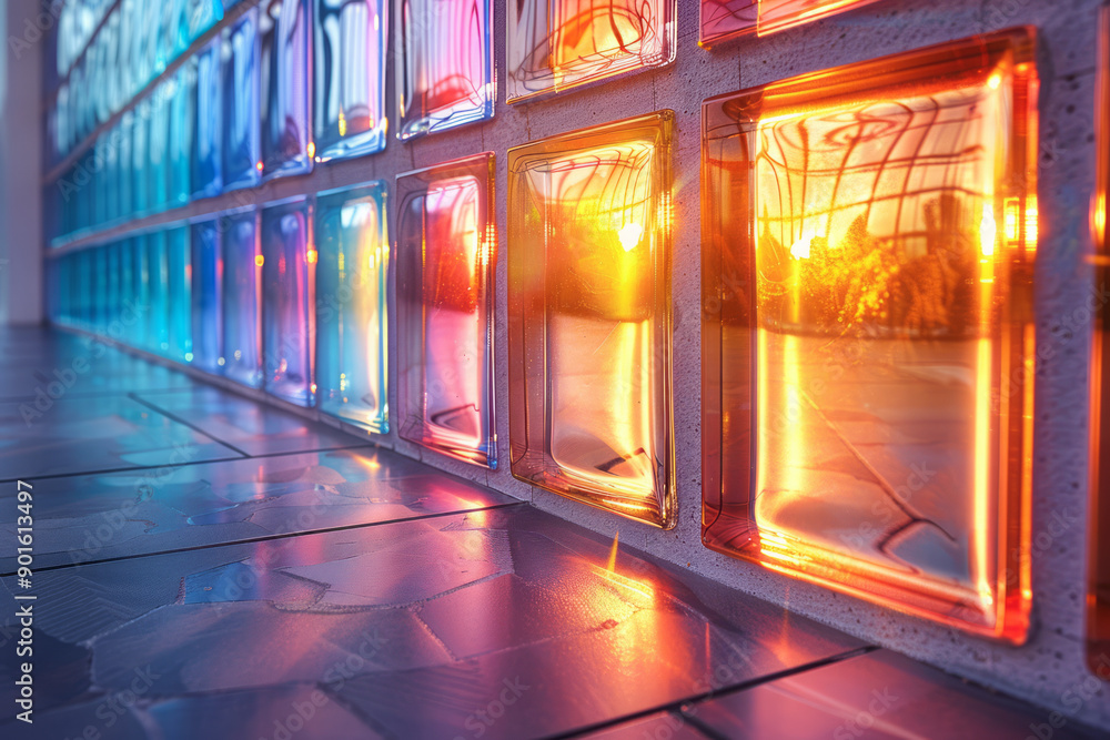 Poster clean depiction of a glowing tile mosaic, creating a beautiful interplay of light and color in a mod
