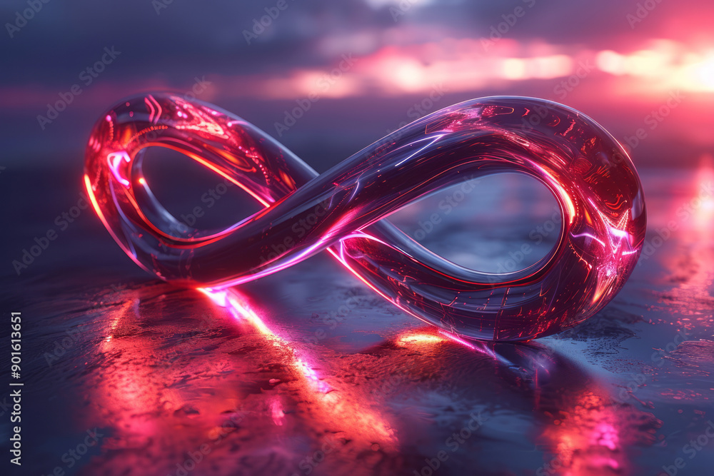 Poster clean depiction of a reflective 3d infinity symbol with pulsating neon lights creating a mesmerizing