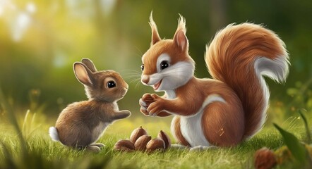 A rabbit and a squirrel holding nuts in the forest