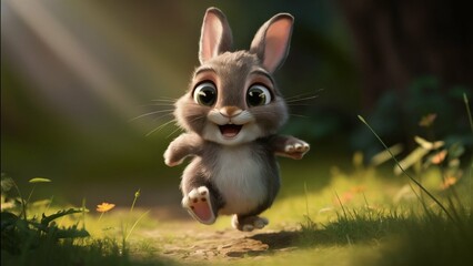 A charismatic and smiling rabbit running in the forest