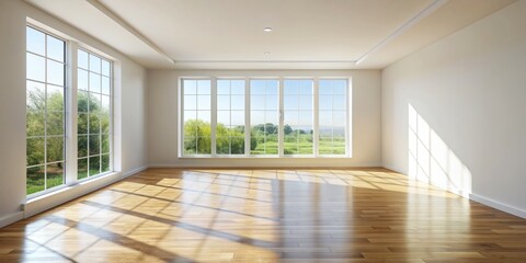 Obraz premium Minimalist empty light room interior with white walls, wooden floor, and large windows letting in abundance of natural light and serene atmosphere.