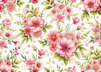 Fototapeta premium Delicate pink flowers arrangement in a whimsical bunch pattern on a soft white background, creating a charming and feminine design for various creative projects.