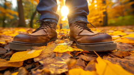 A close-up shot of brown leather boots standing on a forest floor covered in colorful autumn leaves with sunlight in the background