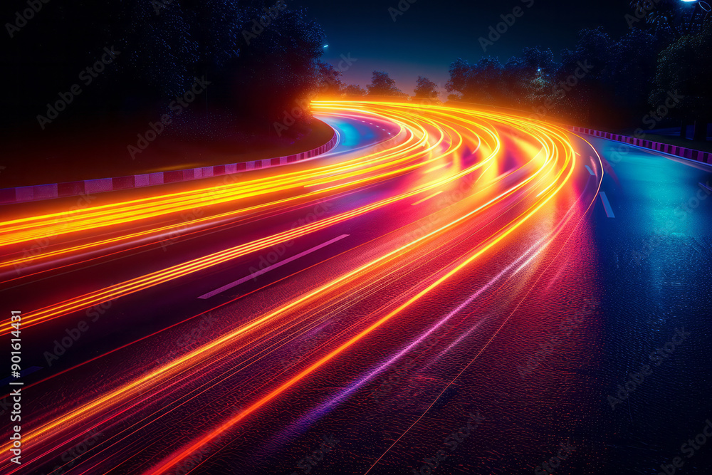 Poster clean image of colorful light trails with varying thicknesses, creating a dynamic flow across the da