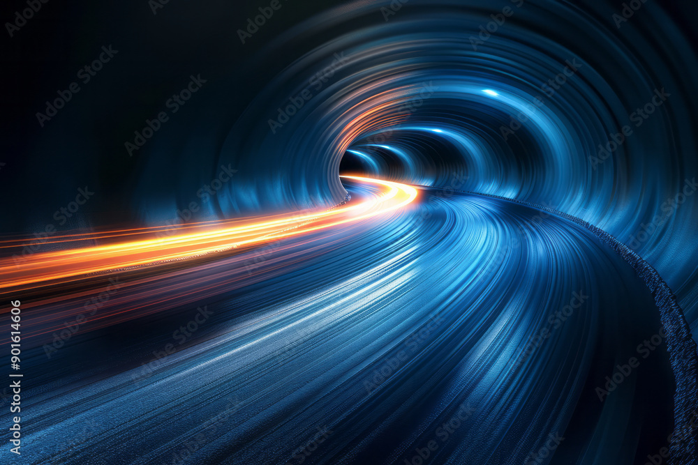 Poster clean depiction of bright light trails that converge and diverge, creating a sense of depth and move