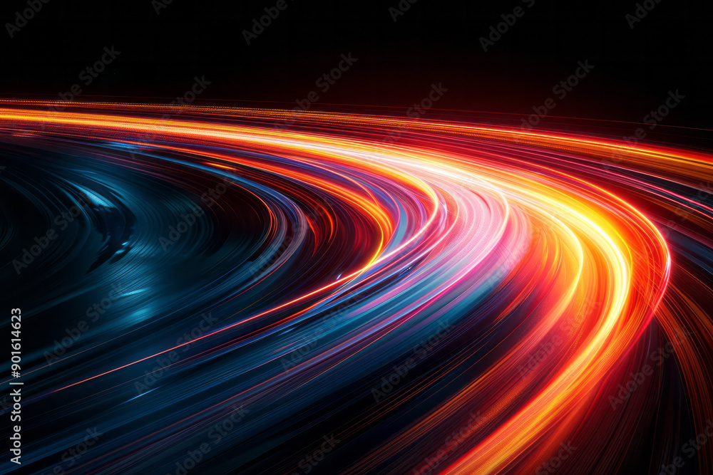 Poster clean depiction of bright light trails that converge and diverge, creating a sense of depth and move