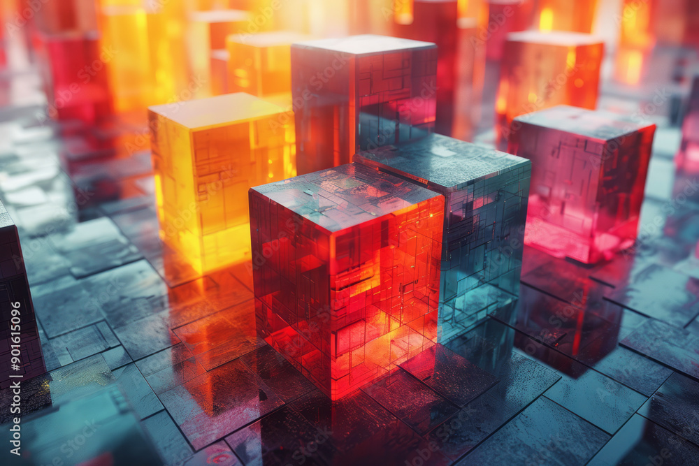 Poster clean depiction of an abstract arrangement of angular blocks with soft red and yellow glows on their