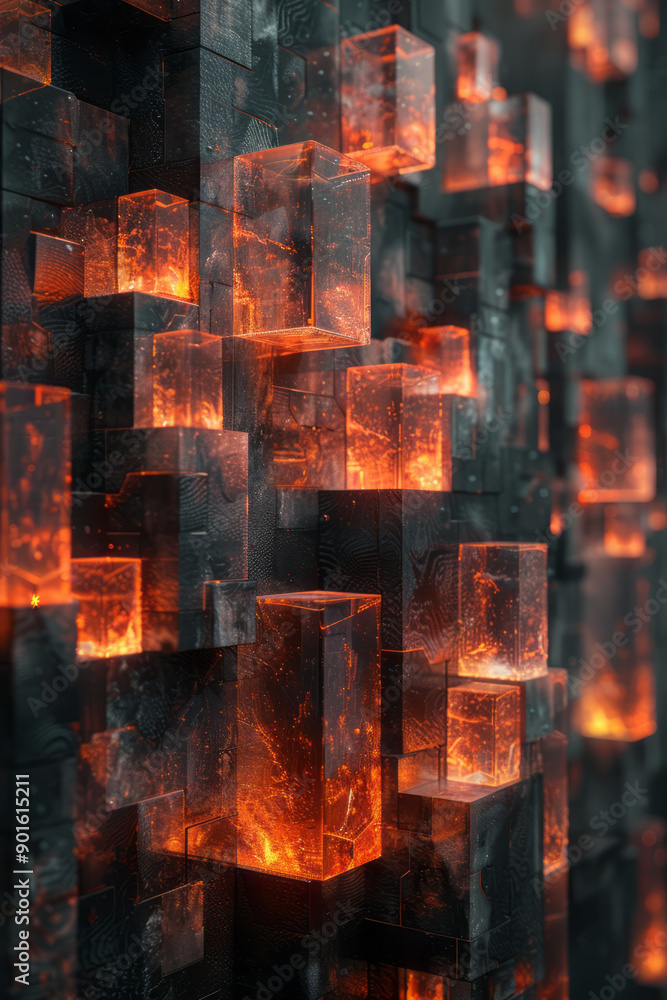 Poster elegant scene featuring a collection of dark cubes and rectangles, highlighted by glowing red and ye