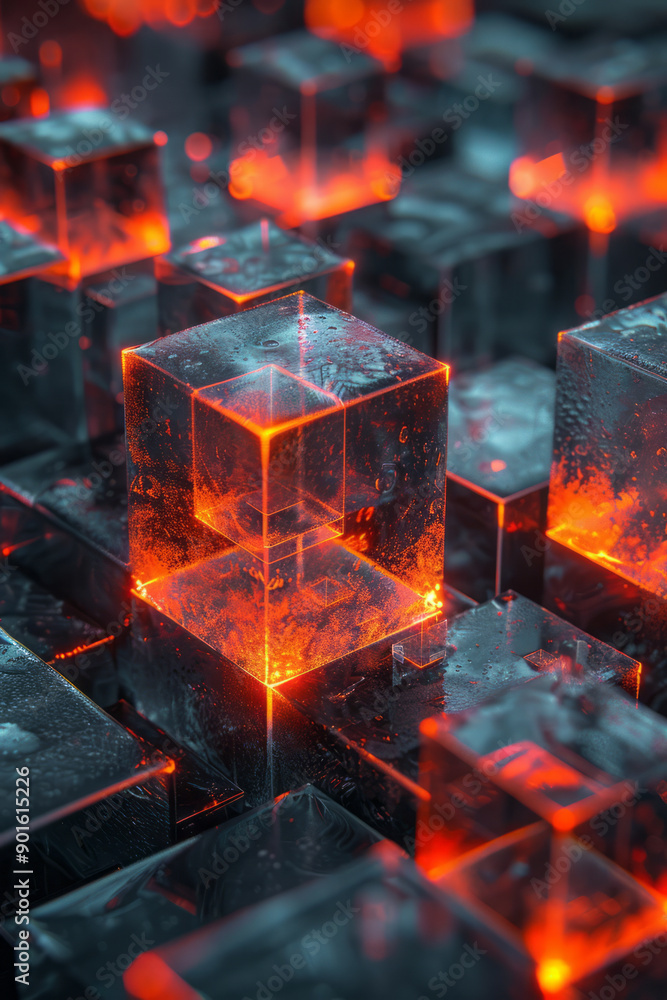 Poster elegant scene featuring a collection of dark cubes and rectangles, highlighted by glowing red and ye