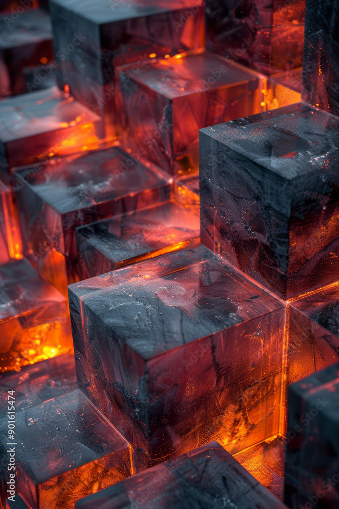 Poster minimalist representation of a layered composition of dark blocks, enhanced by dynamic red and yello