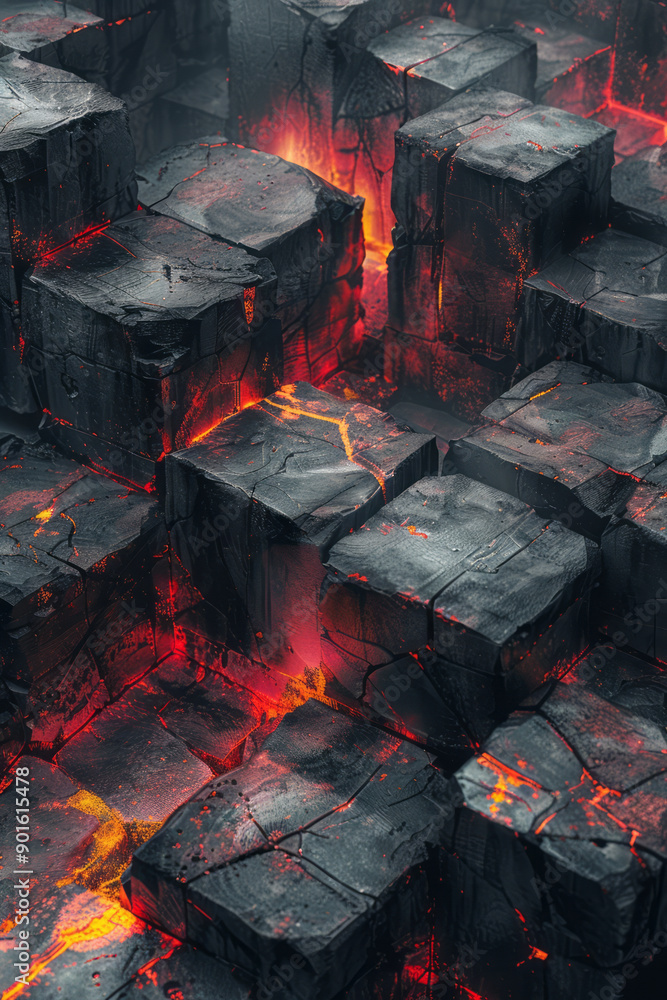 Poster minimalist representation of a layered composition of dark blocks, enhanced by dynamic red and yello