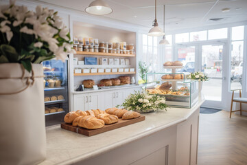 Modern Bakery Interior with Fresh Bread Displayed on Counter and Shelves, Natural Light and Floral Decor
