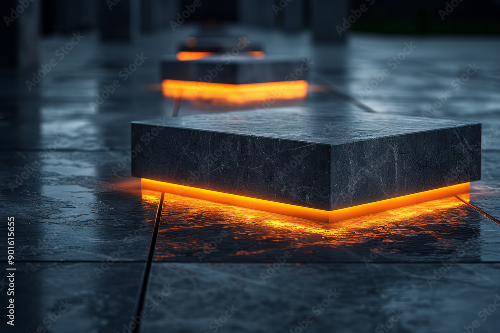 Poster minimalist aesthetic of shadowy blocks with glowing edges, creating an eye-catching visual against t
