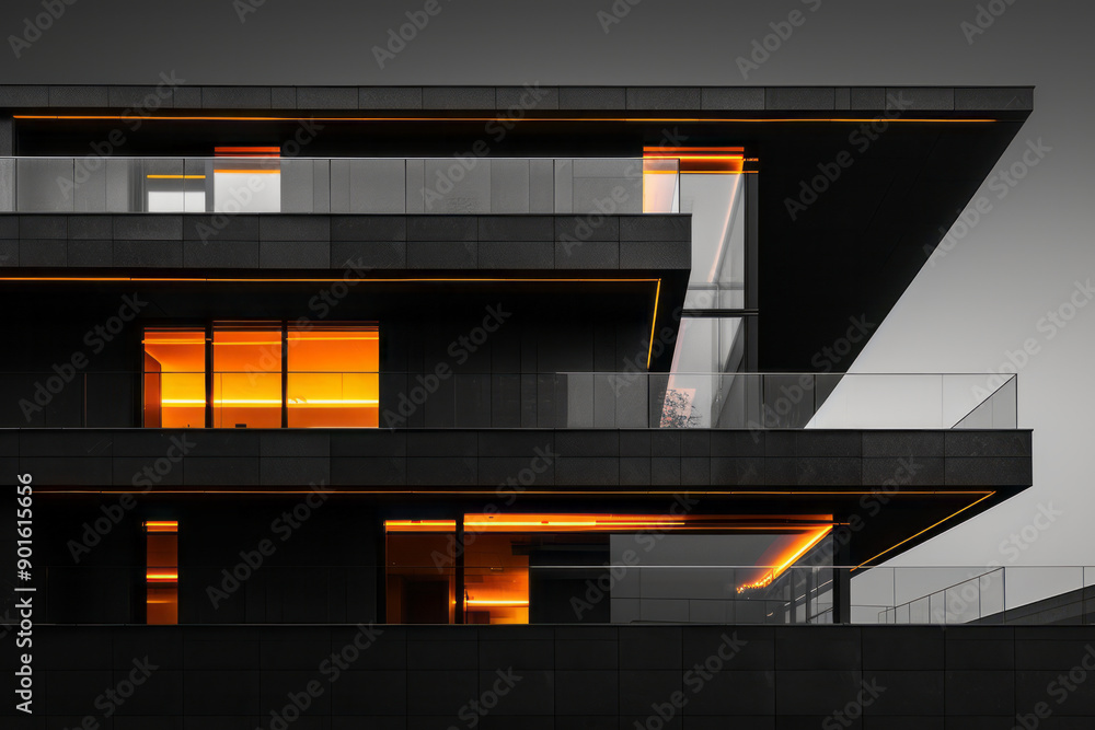 Poster minimalist aesthetic of shadowy blocks with glowing edges, creating an eye-catching visual against t